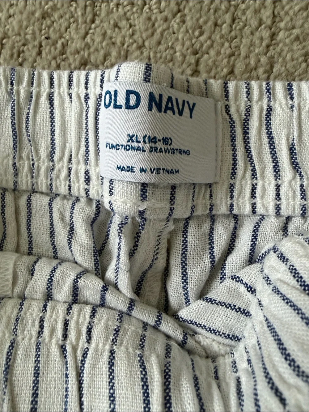 Old Navy White and Navy Striped Drawstring Shorts